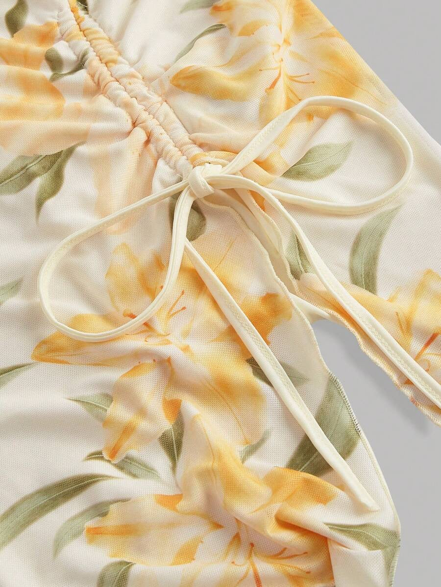 Floral Pattern Asymmetrical Strapless Top