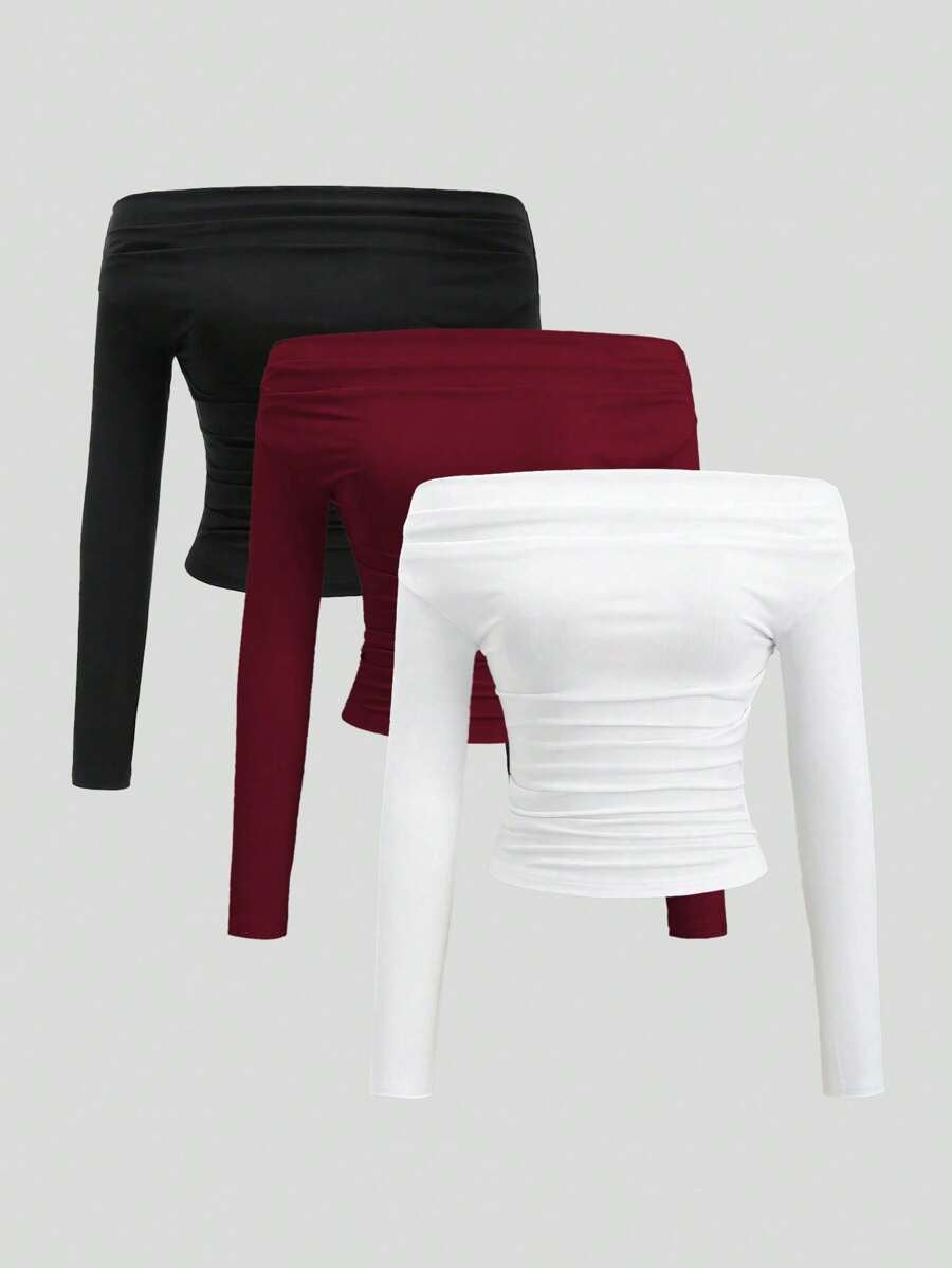 Casual Solid Color Off Shoulder Fitted Blouse