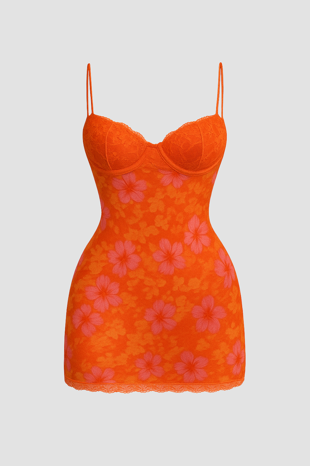 Detail Lace Cup Floral Mesh Mini Dress