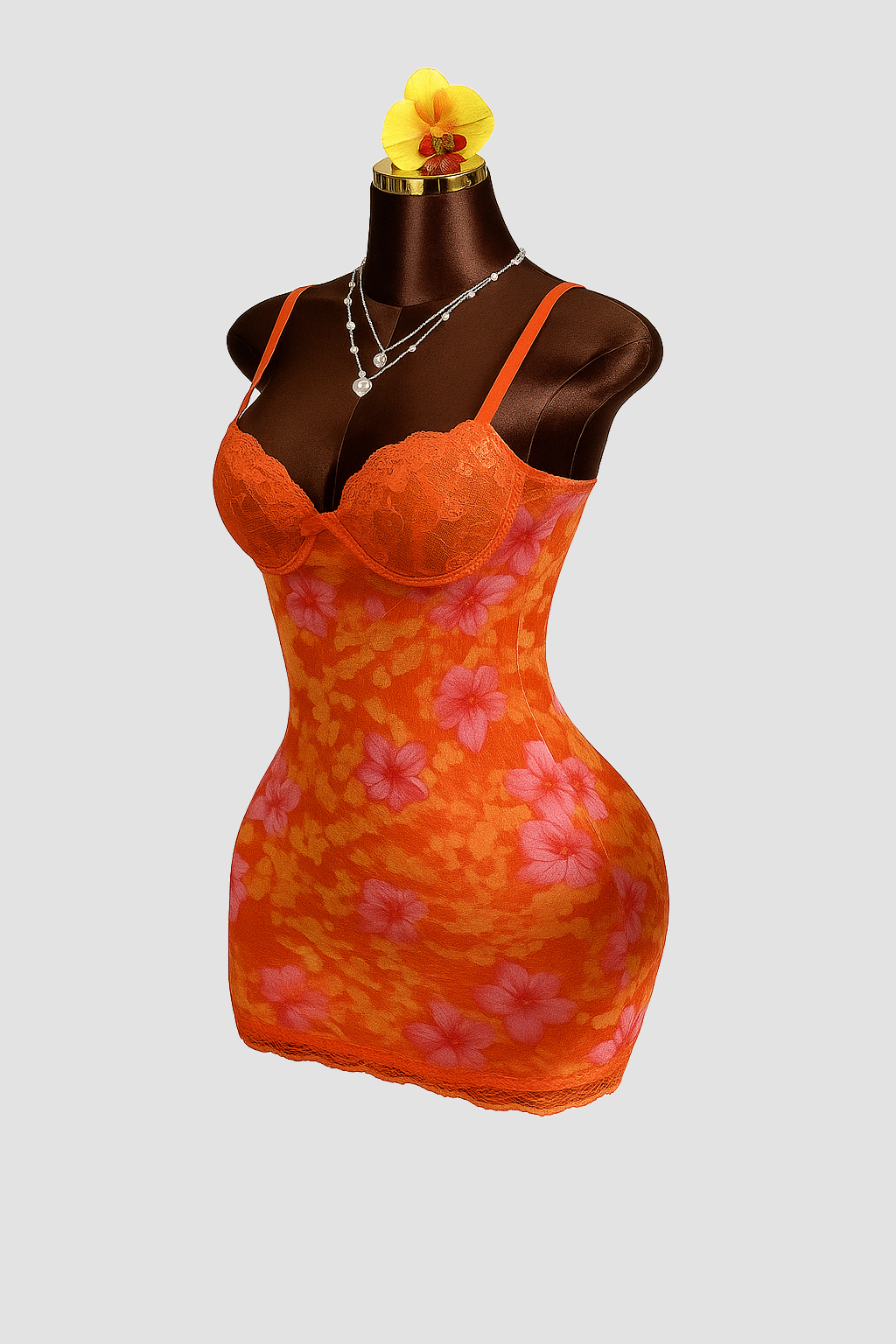 Detail Lace Cup Floral Mesh Mini Dress