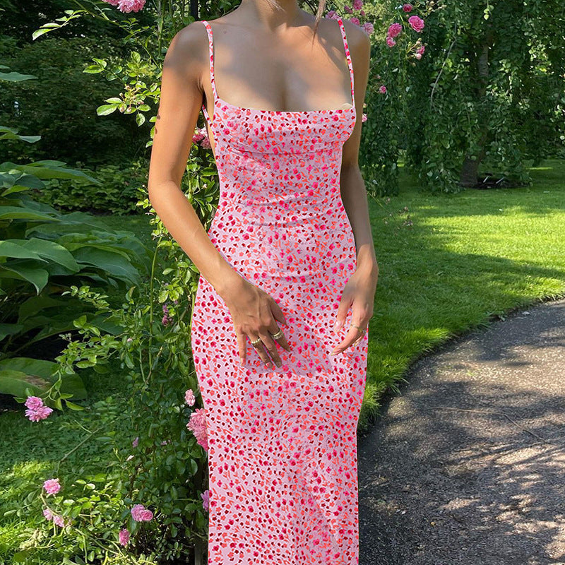 Long Floral Suspender Dress Summer Backless Dress