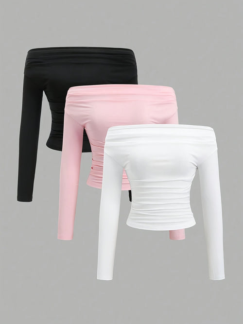Casual Solid Color Off Shoulder Fitted Blouse