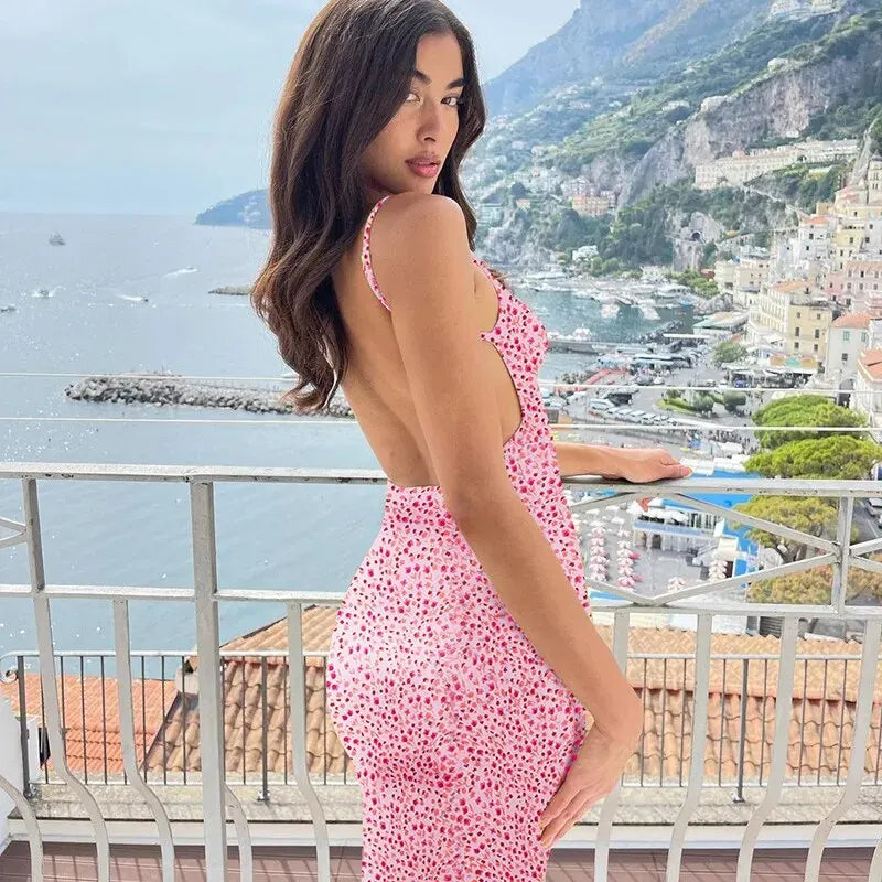 Long Floral Suspender Dress Summer Backless Dress